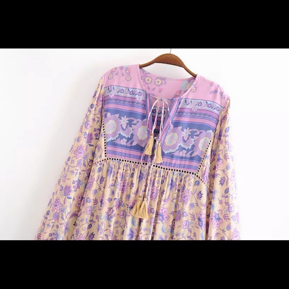 Boho Floral Gypsy Tassel Long Sleeve Maxi dress - Picture 4 of 6